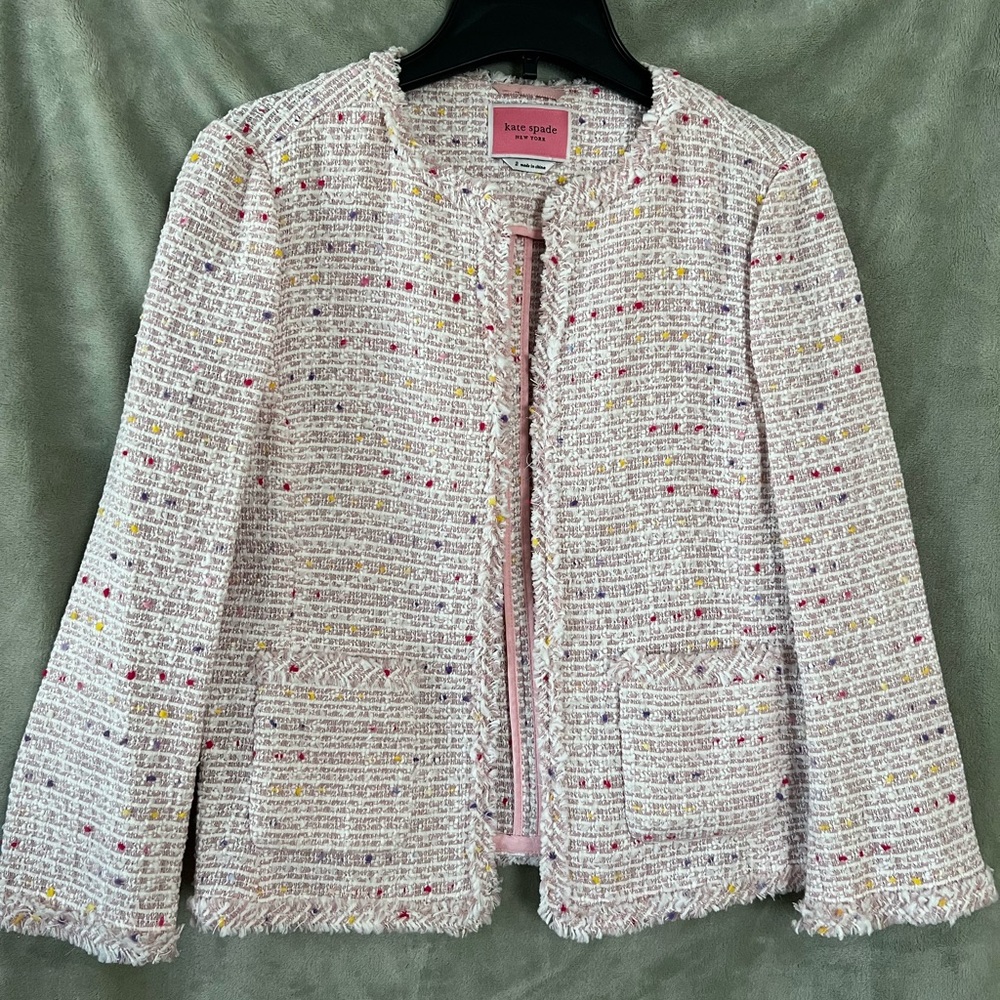 Kate Spade pink tweed blazer with colorful speckles